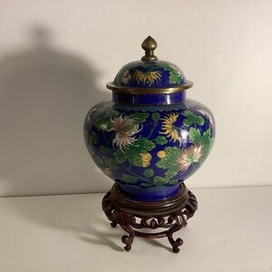 Vintage Oriental Style Ginger Jar with wood stand.
